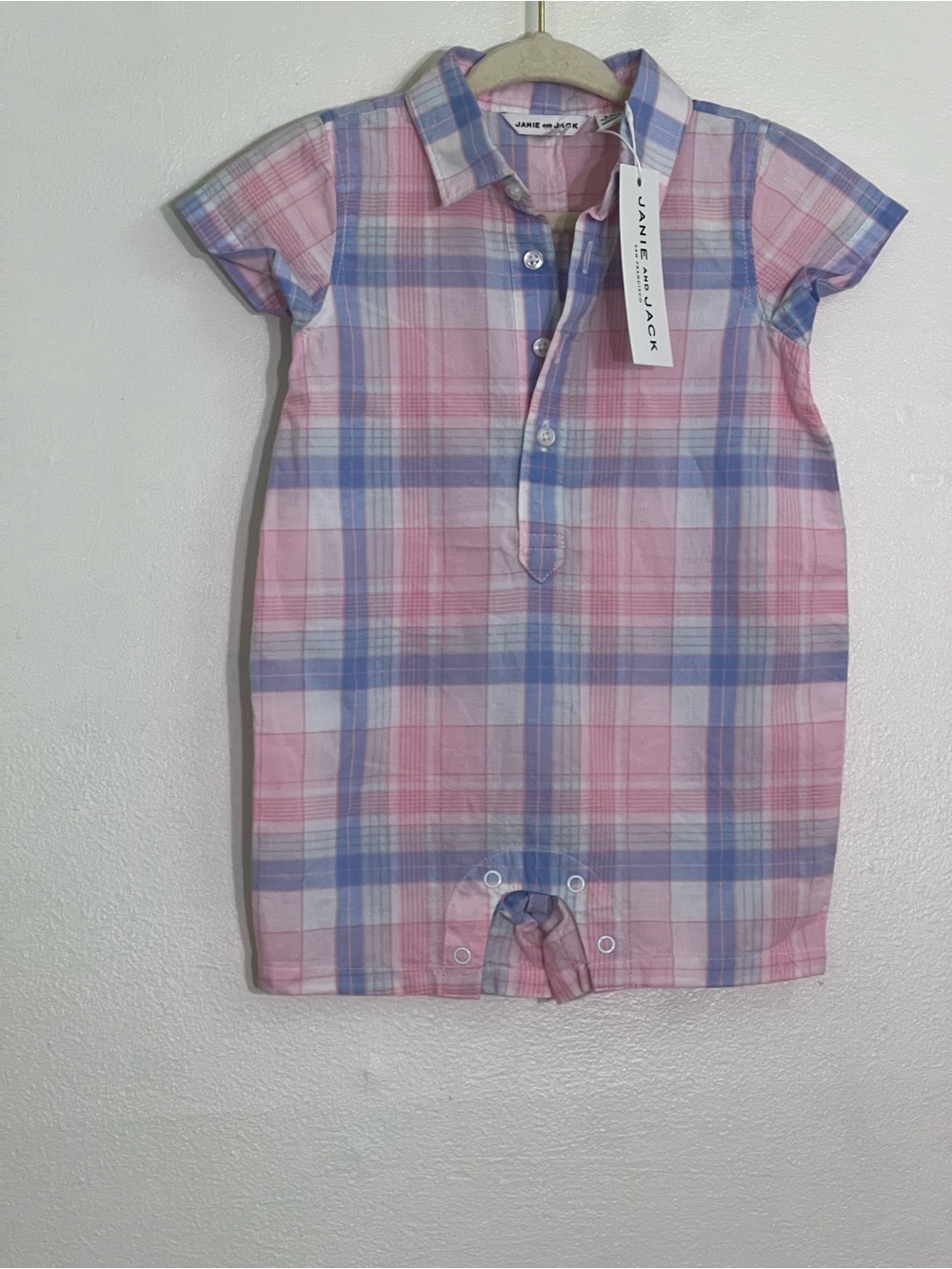 Janie and Jack Pink & Blue Plaid Button-Front baby boy Romper NWT 100% cotton